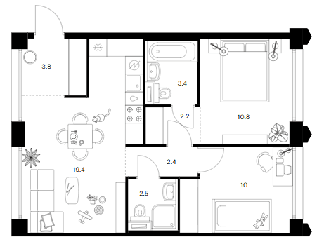 Планировка: Евротрёшка 54,7 м² в ЖК «Бусиновский парк»