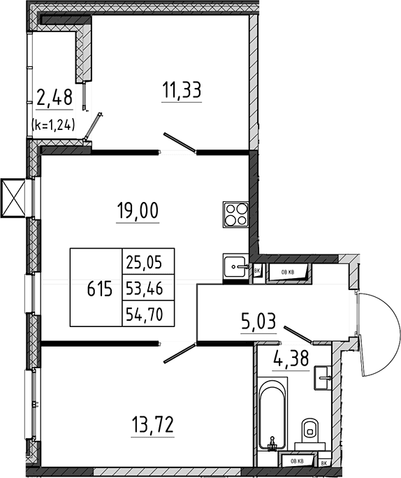 Планировка: Евротрёшка 53,5 м² в ЖК «Поварово-Молодежный-2»