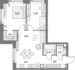 Планировка: Евротрёшка 64,5 м² в ЖК «Апсайд Тауэрс»