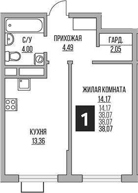 Планировка: 1-комнатная квартира 38,1 м² в ЖК «Гранель Алексеевская роща»