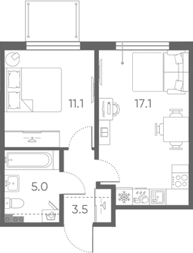 Планировка: Евродвушка 36,7 м² в ЖК «Пулково Лейк»