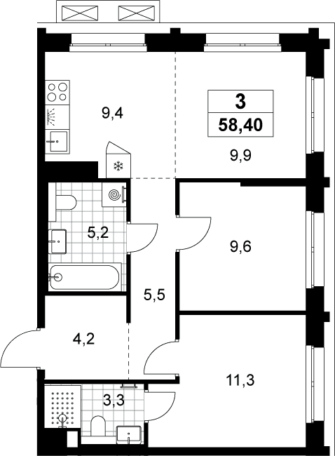Планировка: Евротрёшка 58,4 м² в ЖК «Хольм»