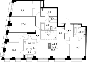Планировка: Квартира евро-5 145,1 м² в ЖК «Сидней Сити»