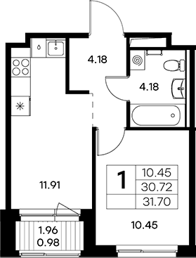 Планировка: Евродвушка 30,7 м² в ЖК «Новоселье»
