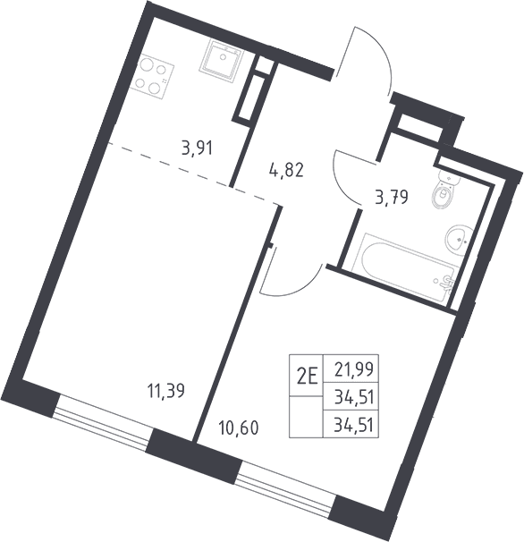 Планировка: Евродвушка 34,5 м² в ЖК «Квартал Лаголово»
