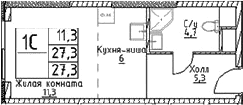 Планировка: Студия 27,3 м² в ЖК «Наметкин Тауэр»