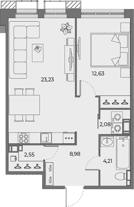 Планировка: Евродвушка 52,5 м² в ЖК «Взлетная 16»