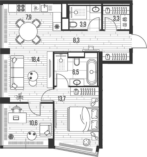 Планировка: Евротрёшка 72,6 м² в ЖК «HIGH LIFE»