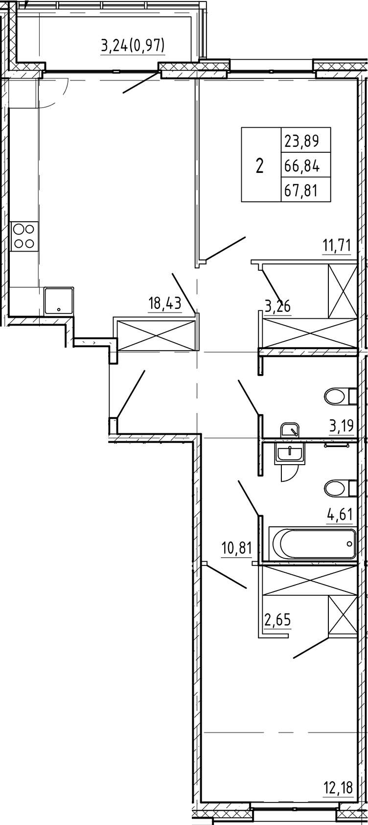 Планировка: 2-комнатная квартира 66,8 м² в ЖК «Регенбоген»