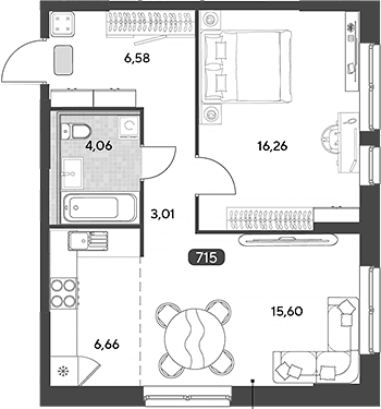 Планировка: Евродвушка 52,2 м² в ЖК «Космопарк»