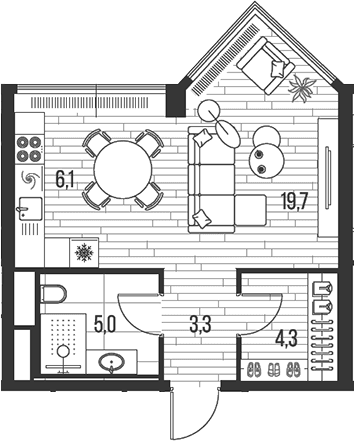 Планировка: Студия 38,4 м² в ЖК «HIGH LIFE»