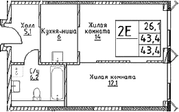 Планировка: Евродвушка 43,4 м² в ЖК «Наметкин Тауэр»