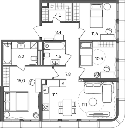 Планировка: Квартира евро-4 85,2 м² в ЖК «СТОУН Сокольники»