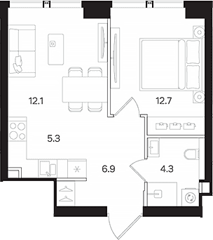 Планировка: Евродвушка 41,3 м² в ЖК «АУРА»