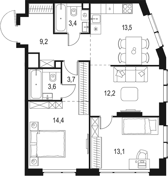 Планировка: 3-комнатная квартира 73,1 м² в ЖК «Левел Мичуринский»