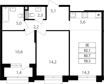 Планировка: Евротрёшка 59,3 м² в ЖК «Михалковский»
