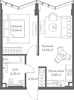 Планировка: Евродвушка 43,8 м² в ЖК «МИРА»