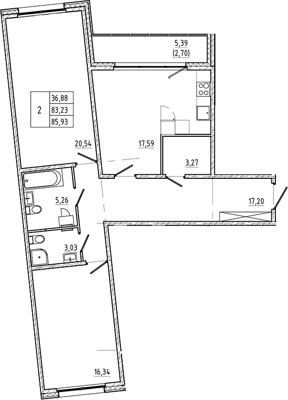Планировка: 2-комнатная квартира 83,2 м² в ЖК «Регенбоген»
