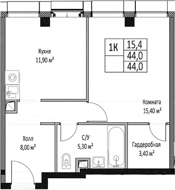 Планировка: 1-комнатная квартира 44 м² в ЖК «ЭМОУШН»