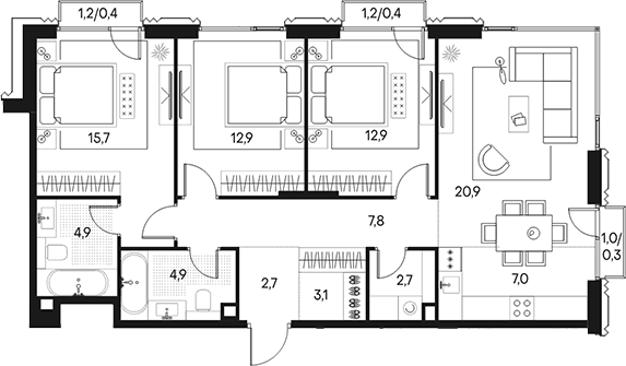Планировка: Квартира евро-4 95,5 м² в ЖК «Клубный город на реке Примавера»