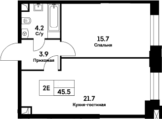 Планировка: Евродвушка 45,5 м² в ЖК «ЭВЕР»