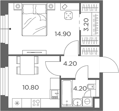 Планировка: 1-комнатная квартира 37,3 м² в ЖК «Белый Град»
