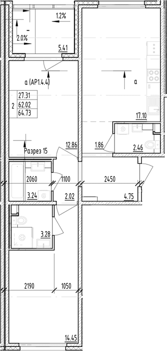 Планировка: 2-комнатная квартира 62 м² в ЖК «ЛесАрт»