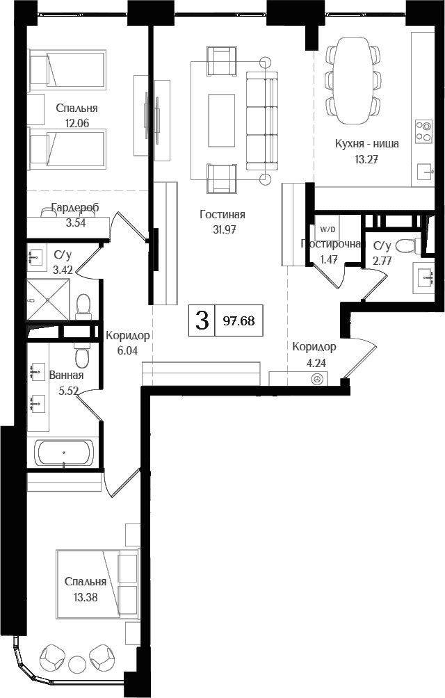 Планировка: Евротрёшка 97,7 м² в ЖК «Преображенская площадь»