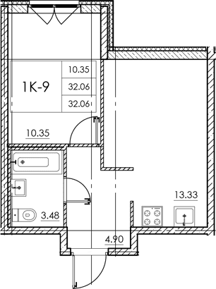 Планировка: 1-комнатная квартира 32,1 м² в ЖК «Стороны света 2»