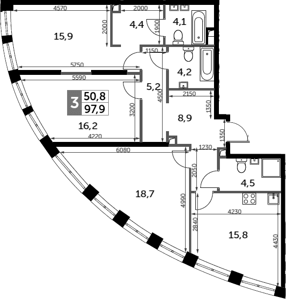 Планировка: 3-комнатная квартира 97,9 м² в ЖК «Сидней Сити»