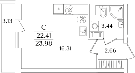 Планировка: Студия 22,4 м² в ЖК «Кинопарк»