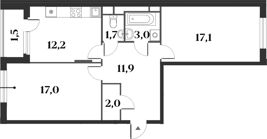 Планировка: 2-комнатная квартира 64,9 м² в ЖК «Миниполис 8 Кленов»