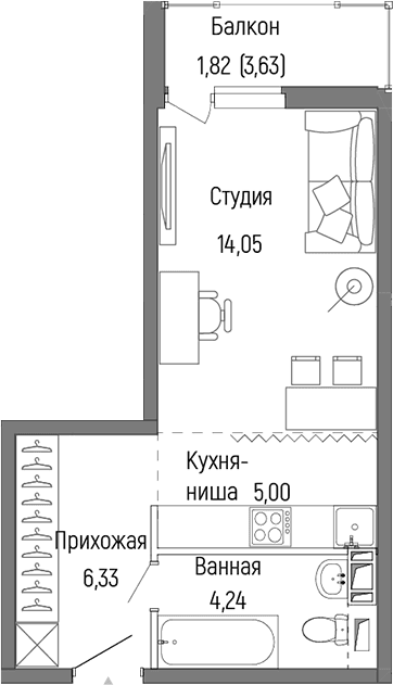 Планировка: Студия 29,6 м² в ЖК «Рига Хиллс»