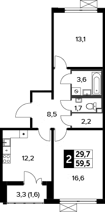 Планировка: 2-комнатная квартира 57,9 м² в ЖК «1-й Ленинградский»
