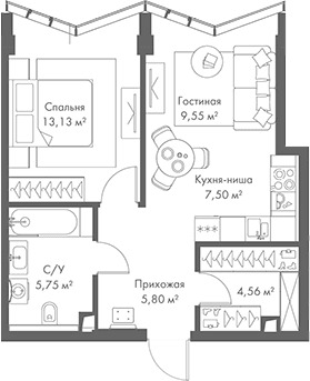 Планировка: Евродвушка 46,3 м² в ЖК «МИРА»