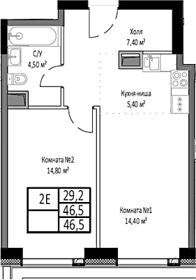 Планировка: Евродвушка 46,5 м² в ЖК «Мираполис»