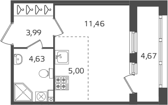 Планировка: Студия 25,1 м² в ЖК «Б15»