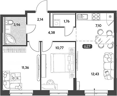 Планировка: Евротрёшка 53,9 м² в ЖК «Космопарк»