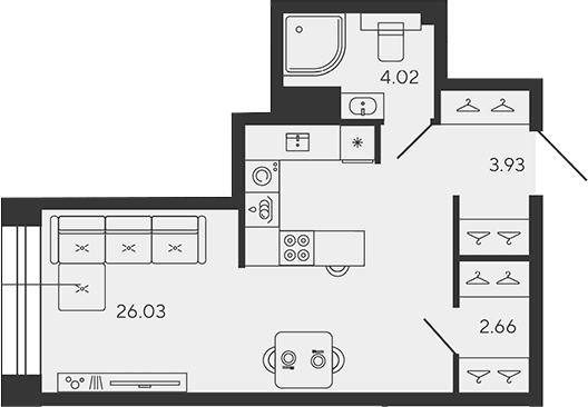 Планировка: Студия 36,6 м² в ЖК «BASHNI ELEMENT»