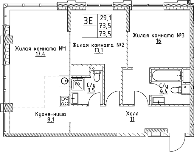 Планировка: Евротрёшка 73,5 м² в ЖК «ВЭРИ на Миклухо-Маклая»