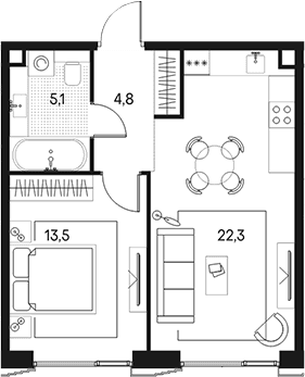 Планировка: Евродвушка 45,7 м² в ЖК «Клубный город на реке Примавера»