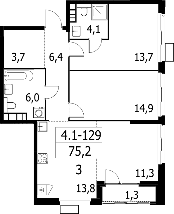 Планировка: Евротрёшка 73,9 м² в ЖК «Южные сады»