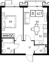 Планировка: Евродвушка 42,5 м² в ЖК «Сколково ВАН»