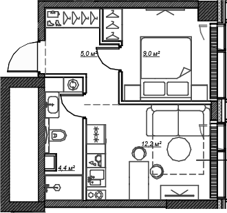 Планировка: Евродвушка 30,7 м² в ЖК «Веер»