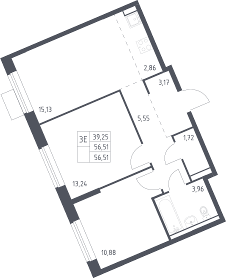 Планировка: Евротрёшка 56,5 м² в ЖК «Молжаниново»