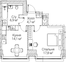 Планировка: 1-комнатная квартира 43,6 м² в ЖК «СЕЗАР БУДУЩЕЕ»