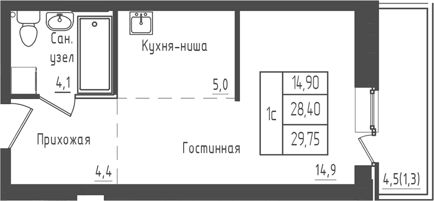 Планировка: Студия 28,4 м² в ЖК «Зеленый город»