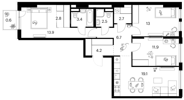 Планировка: 3-комнатная квартира 80,2 м² в ЖК «Москворечье»