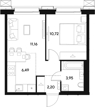 Планировка: Евродвушка 34,5 м² в ЖК «ЭВО»