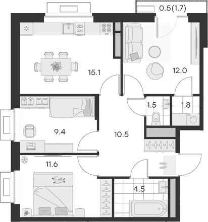 Планировка: 3-комнатная квартира 66,4 м² в ЖК «Михалевич»